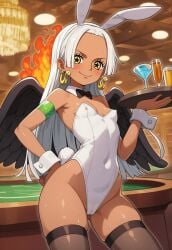 1girls ai_generated bunny_ears bunny_girl bunnysuit cameltoe casino dark-skinned_female one_piece party playboy_bunny playboy_bunny_leotard public s-snake_(one_piece) seraphim_(one_piece) servant serving_tray skimpy skimpy_clothes small_breasts solo solo_focus tan_body