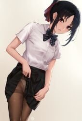 1girls absurdres black_bow black_hair black_skirt blush bow bowtie chinese_commentary clothes_lift collared_shirt commentary_request dress_shirt highres hua-j kaguya-sama_wa_kokurasetai_~tensai-tachi_no_renai_zunousen~ lifting_own_clothes looking_at_viewer panties panties_under_pantyhose pantyhose parted_bangs purple_eyes shinomiya_kaguya shirt shirt_tucked_in short_hair short_sleeves skirt skirt_lift solo striped_bow striped_bowtie striped_clothes teeth thighband_pantyhose underwear white_panties white_shirt