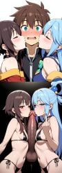1boy 2girls 2girls1boy ai_generated aqua_(konosuba) bad_end barely_clothed bbc before_and_after bikini black_bikini black_cock blacked blue_eyes blue_hair brown_hair corruption cuckold double_handjob double_kiss embarrassed hand_on_penis heart-shaped_pupils huge huge_cock kiss_on_cheek kissing kissing_penis kono_subarashii_sekai_ni_shukufuku_wo! konosuba long_penis male megumin micro_bikini netorare netorase ntryurian one_male penis red_eyes smiling smiling_at_viewer squatting thighs tight_clothing