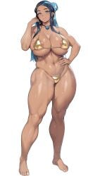 alternate_body_size alternate_breast_size areola_slip barefoot bikini blue_eyes blue_hair breasts covered_nipples curvy dark-skinned_female dark_skin earrings female full_body gold_bikini hand_on_own_hip highres hoop_earrings huge_breasts jewelry long_hair looking_at_viewer micro_bikini nanabe_78 navel nessa_(pokemon) parted_lips pendant pokemon pokemon_swsh simple_background solo stomach swimsuit white_background