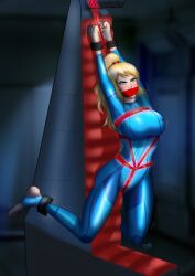 1girls blonde_hair blue_eyes bondage bound bound_ankles bound_wrists crotch_rope drool drooling female female_only femsub fully_clothed gag gagged metroid ponytail rope samus_aran shiny_clothes stationary_restraints steel_bondage stirrup_legwear tape_gag tight_clothing tightnudel wrist_cuffs zero_suit zero_suit_samus