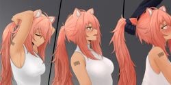 animal_ear_fluff animal_ears arknights arms_up barcode barcode_tattoo blush breasts closed_eyes dokonjou_(odossan) female from_side glowing glowing_eyes gravel_(arknights) grey_background heart highres holding_another's_hair implied_fellatio large_breasts licking_lips long_hair mouse_ears mouse_girl multiple_views out-of-frame_censoring pink_hair ponytail red_eyes shoulder_tattoo sideboob simple_background solo_focus tattoo tongue tongue_out tying_hair