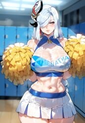 1girls ai_generated alternate_costume bangs bare_shoulders blue_eyes blush braid braided_ponytail breasts cheerleader cheerleader_outfit cheerleader_uniform cleavage clothing crop_top curvaceous curvaceous_female curvaceous_figure curvy curvy_figure earrings female female female_focus female_only genshin_impact hair_ornament hair_over_one_eye holding holding_pom_poms indoors inviting inviting_to_sex jewelry large_breasts legwear long_hair looking_at_viewer midriff miniskirt miyuai navel one_eye_covered parted_lips pleated_skirt pom_pom_(cheerleading) pom_poms ponytail presenting presenting_ass presenting_breasts presenting_hindquarters presenting_self seductive seductive_look seductive_smile see-through shenhe_(genshin_impact) shirt skirt sleeveless smile solo standing stomach sweat tassel tassel_earrings thick_thighs thighs very_long_hair voluptuous voluptuous_female wet wet_clothes white_hair white_skirt