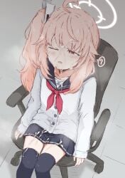 ? ahoge black_skirt black_thighhighs blue_archive bukkake cardigan cum cum_on_body cum_on_clothes cum_on_hair cum_on_legs facial female halo highres long_hair natsu_(blue_archive) neckerchief niss_oekaki on_chair one_eye_closed open_mouth pink_hair red_eyes red_neckerchief side_ponytail sitting skindentation skirt sleeves_past_wrists solo spoken_question_mark thighhighs white_cardigan white_halo