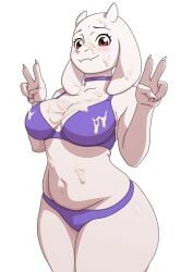 1girls alternate_version_available animal_ears anthro big_breasts blush bottomwear bra breasts choker cleavage cum cum_on_body cum_on_breasts cum_on_face double_peace_sign female female_only goat_ears hips horns kyde mature mature_female mature_woman milf mother neckwear panties peace_sign purple_bra purple_panties red_eyes smile solo solo_female thighs topwear toriel undertale white_body white_skin wide_hips