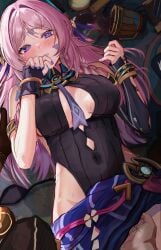 1boy absurdres aether_(genshin_impact) asymmetrical_gloves bare_shoulders beer_mug black_gloves black_leotard blue_eyes blush body_markings braid breasts breasts_apart center_opening citlali_(genshin_impact) commentary_request covered_navel cup efuri_(riarea00) facial_mark female forehead_mark genshin_impact gloves hands_up highres implied_fingering large_breasts leotard long_hair looking_at_viewer low_twin_braids mug nail_polish paid_reward_available parted_lips pink_hair pink_pupils pov purple_nails purple_sarong sarong spill triangle triangle_facial_mark twin_braids uneven_gloves