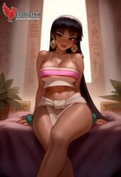 1girls 2d ai_generated ass bangs bare_shoulders barefoot big_ass big_breasts breasts chel chel_(the_road_to_el_dorado) cleavage dark-skinned_female dark_skin dreamworks earrings erophoenix feet full_body grin hoop_earrings huge_breasts jewelry long_hair looking_at_viewer looking_back navel patreon_username shorts sitting smile soles solo solo_female strapless tan the_road_to_el_dorado thick thick_thighs toes tubetop uncensored