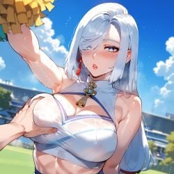 1boy 1girls ai_generated alternate_costume arm_up bangs bare_shoulders blue_eyes blue_sky blush braid braided_ponytail breast_grab breasts cheerleader cheerleader_outfit cheerleader_uniform cleavage clothing cloud crop_top curvaceous curvaceous_female curvaceous_figure curvy curvy_figure day earrings female female female_focus genshin_impact grabbing grabbing_another's_breast groping hair_ornament hair_over_one_eye holding holding_pom_poms jewelry large_breasts lips long_hair looking_at_viewer male midriff miyuai navel outdoors outstretched_arm parted_lips pom_pom_(cheerleading) ponytail see-through shenhe_(genshin_impact) shirt sky sleeveless solo_focus sports_bra sportswear straight sweat tassel tassel_earrings thighs upper_body very_long_hair voluptuous voluptuous_female wet wet_clothes white_hair
