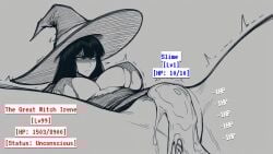 1girls 1monster ai_generated black_and_white black_hair defeat defeated defeated_heroine female long_hair monster mr_none raped sketch slime slime_monster torn_clothes unconscious white_eyes witch witch_hat