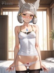 1girls ai_generated cowboy_shot indoors looking_at_viewer nia nia_(xenoblade) panties panty_pull pantyhose_down pantyhose_pull parted_lips seacreator shy skinny skinny_girl small_breasts solo standing tsundere xenoblade_(series) xenoblade_chronicles_2