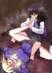 andou_(girls_und_panzer) bc_freedom_military_uniform bc_freedom_school_uniform blonde_hair brown_hair catfight competitive competitive_intercourse competitive_sex dark_skin feet girls_und_panzer greyscale hate_fuck hate_sex highres interracial interracial_yuri kamishima_kanon long_hair monochrome oshida_(girls_und_panzer) school school_uniform screaming secretly_loves_it sexfight smelling smelling_feet socks tribadism unworn_socks yuri
