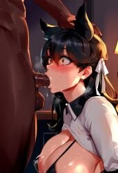 1boy 1girls ai_generated animal_ears atago_(azur_lane) atago_(stunning_speedster)_(azur_lane) azur_lane bangs bikini black_bikini black_hair blush breasts cleavage clothed_female_nude_male covered_nipples crying cum dark-skinned_male dark_skin extra_ears eyebrows_visible_through_hair fellatio from_side hair_ribbon irrumatio large_breasts long_hair military military_uniform mole mole_under_eye oral penis ribbon saliva solo_focus standing straight sweat swimsuit testicles uncensored uniform veins veiny_penis