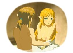 1boy1girl background blonde_hair breasts breasts_out breath_of_the_wild domnirch female hylian link link_(breath_of_the_wild) male pointy_ears princess_zelda smile the_legend_of_zelda undressing