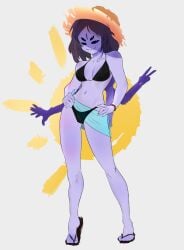 5_eyes 6_arms anthro arachnid bikini black_bikini black_hair black_sclera bracelet confident fangs flip_flops hair_down holding_hips looking_at_viewer muffet pose purple_skin short_hair simple_background spider_girl straw_hat sunhat transparent_clothing undertale undertale_(series) white_eyes
