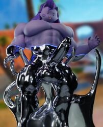 anthro big_muscles blurred_background corruption epic_games erection felid fortnite glistening glistening_body goo_creature hi_res male mammal meowscles muscular muscular_male muscular_thighs possession scar slime solo vapormakes worried_look