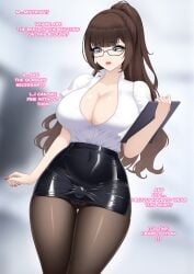 blouse blue_eyes brown_hair chastity_bulge chastity_cage chastity_device cleavage crossdressing english_text eyeshadow glasses holding_object jesscatg latex latex_clothing latex_skirt lipstick long_fingernails long_nails makeup mascara miniskirt nail_polish office_lady painted_fingernails painted_nails pantyhose pencil_skirt shiny_clothes skirt text tight_clothing