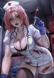 big_breasts blood bondage chloe_(sciamano240) cleavage detailed_background fake_blood gloves halloween mirco_cabbia needle nurse nurse_cap nurse_uniform oc original original_character pink_eyes pink_hair sciamano240 signature visible_underwear