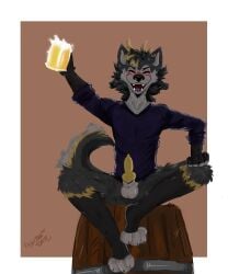 absurd_res alcohol anthro arm_tuft aroused balls barrel beer beer_bottle beer_foam beer_glass beer_mug beverage black_body black_fur blush bottle canid canine canis cheek_tuft closed_eyes clothing container domestic_dog drunk elbow_tuft facial_tuft feet femboy fluffy fluffy_chest fluffy_ears fluffy_hair fluffy_tail fur genitals grey_body grey_fur hair handpaw happy hi_res hindpaw hyena knot knotted_penis male mammal mostly_nude neck_tuft pawpads paws penis semi_nude shaded shibatoast shirt simple_background simple_coloring simple_eyes simple_face simple_nose simple_shading smile solo solo_focus solo_in_panel substance_intoxication tail teeth teeth_showing topwear tuft yellow_body yellow_fur