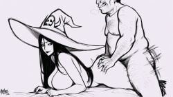 1boy 1girls ai_generated big_breasts black_and_white black_hair breasts doggy_style fat_male female long long_hair male male/female mr_none sex sex_from_behind ugly_bastard witch witch_hat