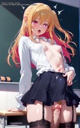 ahe_gao ahe_gao ai_generated ass belly_button black_stockings blonde_hair breasts bulge bulge_through_clothing classroom clitoris color colored female girl hell-pantsu hi_res hoshino_ruby multicolored_hair nipples oshi_no_ko penis penis_in_pussy pink_eyes pubic_hair pussy skirt stockings