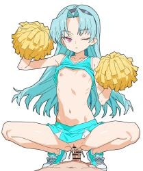 1boy blue_hair cheerleader cum cum_in_pussy expressionless female flat_chest highres long_hair looking_at_viewer matuo3232 miniskirt navel nipples one_eye_closed penis pink_eyes pom_pom_(cheerleading) rance_(series) sengoku_rance sex shinobu_(rance) shoes simple_background skirt sneakers solo_focus squatting_cowgirl_position straight textless_version vaginal_penetration white_background