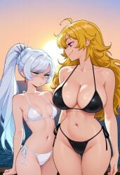 2girls ai_generated annoyed annoyed_expression beach_background big_breasts bikini blonde_female blonde_hair female_only long_hair meme mother_daughter_boob_envy_(meme) rwby small_breasts smile smug smug_face smug_smile tagme weiss_schnee white_hair yang_xiao_long