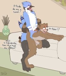 absurd_res avian bird blue_body blue_feathers blue_jay blush blush_lines bodily_fluids brown_body brown_fur cartoon_network corvid dialogue doggy_style feathers from_behind_position fur furniture genital_fluids hi_res jay_(bird) living_room mammal mordecai_(regular_show) new_world_jay oscine passerine precum procyonid raccoon regular_show rigby_(regular_show) saliva sex sweat sweatdrop