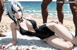 ai_generated arlecchino_(genshin_impact) ass_grab ass_grope ass_visible ass_visible_through_thighs beach beach_view black_swimsuit blush breast_groping breasts_squeezed_together choker cleavage cleavage_focus dark-skinned_male dark_skin day female fondling fondling_ass fondling_breast forced forced_exposure gangbang groping groping_ass groping_breast groping_breasts groping_crotch groping_from_behind groping_through_clothes human human_female interracial light-skinned_female light_skin male male/female outdoors passive_female submissive submissive_female touching_ass touching_breast touching_hair touching_pussy touching_through_clothing