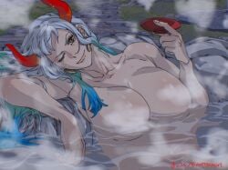 1girls bathing big_breasts blue_hair breasts convenient_censoring dripping earrings female horns light-skinned_female light_skin looking_at_viewer mattsunart nude one_piece oni_horns onsen partially_submerged sake sake_dish smile solo steam two_tone_hair white_hair wink winking_at_viewer yamato_(one_piece)