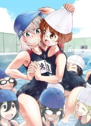 6+girls aged_down bandage_on_face bandages bandaid bandaid_on_arm bandaid_on_face bandaid_on_nose black_hair black_one-piece_swimsuit blonde_hair blue_eyes blue_sky blurry blurry_background blush brown_eyes brown_hair carrying catfight closed_eyes clothes_pull cloud cloudy_sky commentary_request day depth_of_field female fighting frown girls_und_panzer goggles grimace highres holding_hands interlocked_fingers itsumi_erika kibasen leaning_forward looking_at_another medium_hair missing_tooth multiple_girls name_tag nishizumi_miho one-piece_swimsuit open_mouth outdoors partially_submerged pool school_swimsuit shoulder_carry silver_hair sky splashing sutahiro_(donta) swim_cap swimsuit textless_version wrestling