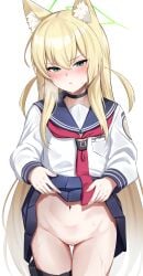 absurdres animal_ear_fluff animal_ears black_choker blonde_hair blue_archive blue_sailor_collar blue_skirt blush choker clothes_lift commentary_request female fox_ears fox_girl green_eyes green_halo hair_between_eyes halo heavy_breathing highres holster kuromiz kurumi_(blue_archive) lifting_own_clothes long_hair long_sleeves looking_at_viewer navel neckerchief no_panties open_mouth pussy_juice pussy_juice_trail red_neckerchief sailor_collar shirt simple_background skirt skirt_lift solo sweat thigh_gap thigh_holster thighs white_background white_shirt