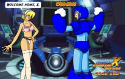 1boy 1girls alia armor bra breasts capcom clothed female lingerie male mega_man mega_man_x panties reploid robot robot_girl straight tagme text underwear x_(mega_man)