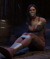 3d ass black_hair bra breasts captured captured_heroine cd_projekt_red feet female gag gagged light-skinned_female lord_kamski mascara necklace purple_eyes solo solo_female the_witcher_(series) the_witcher_3:_wild_hunt yennefer