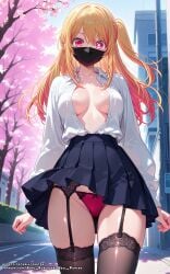 ai_generated black_stockings blonde_hair breasts breasts_out color colored female girl hell-pantsu hi_res hoshino_ruby mask masked multicolored_hair oshi_no_ko panties pink_eyes skirt skirt_up stockings