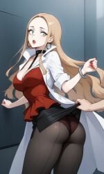 1girls ai_generated black_skirt blonde_hair blouse bracelet earrings green_eyes hoop_earrings labcoat lifted_skirt long_hair oleana_(pokemon) panties panties_under_pantyhose pantyhose pencil_skirt pokemon pokemon_ss red_blouse solo surprised underwear