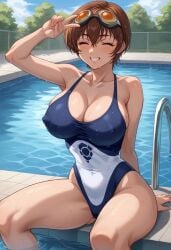 1girls ai_generated anime_style arm_support arms_at_sides athletic athletic_female bare_chest bare_legs bare_shoulders bare_thighs barefoot bible_black bible_black_only big_breasts blush breast_focus breasts breasts_out_of_swimsuit brown_hair cleavage closed_eyes competition competition_swimsuit competitive curvaceous curvy curvy_female curvy_figure erect_nipples erect_nipples_under_clothes eyewear female female_focus female_only focused goggles goggles_on_head grin light-skinned_female light_skin nipples nipples_visible_through_clothing nonogusa_miyuki one-piece_swimsuit partially_submerged peace_sign petite pinup pixie_cut pool presenting_breasts school_swimsuit see-through see-through_clothing short_hair smile solo spread_legs swimming_pool swimsuit teen teenage_female teenager uncensored v_sign victory victory_pose water wet wet_body wet_clothes wet_skin white_skin