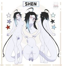 2025 2_penises 5_fingers anthro anus artist_logo ass backsack balls black_hair blue_anus blue_glans blue_hair_tips blue_nipples blue_tongue burryro character_name digital_drawing_(artwork) digital_media_(artwork) diphallia diphallism facial_markings femboy fingers flaccid forehead_markings forked_tongue genitals glans hair head_markings hi_res logo long_braid long_hair looking_at_viewer male markings model_sheet multi_genitalia multi_penis nipples penis perineum presenting presenting_anus rear_view reptile scales scalie shen_(vic_johansen) simple_background snake solo star_polygon tail text tongue vertical_diphallism white_background white_body white_eyes white_scales x_pupils