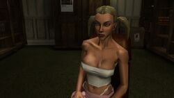 3d blonde_hair breasts carol_anne hitman hitman_blood_money io-interactive miniskirt pink_skirt screenshot sitting sluts video_games white_skin white_topwear
