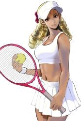 2d artist_request athletic athletic_female blonde_hair busty drill_hair female female_focus female_only hourglass_figure karin_kanzuki long_hair street_fighter tagme tennis_racket tennis_uniform wide_hips