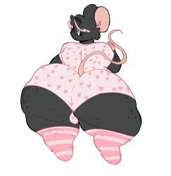 anthro avery_(lopsalien) back_view belly big_ass big_butt black_fur blush blush_lines booty_shorts brown_eyes buckteeth bulge cellulite choker chubby_male clothed clothing fat_ass fat_butt femboy feminine_male fluffy freckles freckles_on_face freckles_on_thighs glasses long_tail looking_at_another lopsalien male male_only mammal mouse neutral_expression no_panties nonbinary not_paying_attention oc onsie open_mouth original_character pink_hair plain_background plump short_hair shortstack small_bulge smaller_male socks solo solo_focus solo_male tail tail_up thick_thighs waving_at_viewer wide_hips wide_thighs