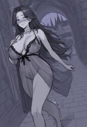 1girls ai_generated black_hair blush castle dark_hair dress exhibitionism female female_focus female_only long_hair mr_none night nipples_visible_through_clothing queen solo solo_female solo_focus transparent_clothing transparent_dress trembling vagina walking