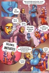 3futas 3girls aayla_secura ahsoka_tano barriss_offee big_breasts blue_body breasts cleavage comic erect_nipples_under_clothes erection_under_clothes female female_to_futa futa_transformation futanari intersex lekku_(anatomy) lucasfilm orange_body speech_bubbles star_wars teacher_and_student tenting text two_tweaks_(comic) vegaversio yellow_body