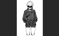 1boy blindfold bulge clothed clothing erect_penis erection femboy gmgshmtcbn hairband light-skinned_male light_skin male male_only monochrome nier nier:_automata penis penis_under_clothes short_hair solo tenting trap white_background white_hair yorha_9s