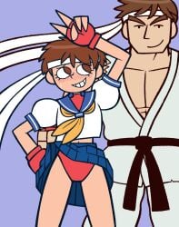 1boy 1girls 2d athletic athletic_female bandana bare_legs blushing brown_hair capcom crop_top female female_focus fingerless_gloves hourglass_figure karate karate_gi krusha64612042 male muscular muscular_male navel pecs pixie_cut pose posing ryu_(street_fighter) sakura_kasugano school_uniform schoolgirl short_hair skirt skirt_lift street_fighter street_fighter_alpha tagme tomboy upskirt v v_sign wide_hips