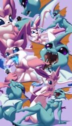 absurd_res ambiguous_gender anthro bodily_fluids breasts canid canine closed_eyes eeveelution eyelashes eyeofcalamity female fox generation_1_pokemon generation_6_pokemon genitals group hi_res macro mammal micro nintendo nipples one_eye_closed pokemon pokemon_(species) pussy ribbons_(anatomy) saliva sylveon trio vaporeon vore