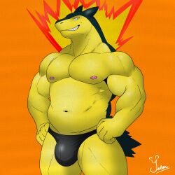 absurd_res clothed clothing generation_2_pokemon hi_res jock male male_only nintendo pokemon pokemon_(species) solo solo_male speedo speedo_only swimwear topless typhlosion yetsu