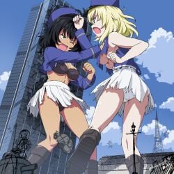 3girls andou_(girls_und_panzer) bc_freedom_military_uniform black_bra black_hair black_panties blonde_hair blue_eyes blue_headwear blue_jacket blue_sky bra breasts brown_eyes building car catfight cleavage clenched_hand cloud cloudy_sky crotch_seam dark-skinned_female dark_skin day fighting frown giant giantess girls_und_panzer grabbing_another's_hair hat jacket kepi kuro_oolong long_sleeves looking_at_another marie_(girls_und_panzer) medium_breasts medium_hair messy_hair military military_hat military_uniform military_vehicle miniskirt motor_vehicle multiple_girls navel one_eye_closed open_mouth oshida_(girls_und_panzer) outdoors panties pleated_skirt punching renault_ft sitting skirt sky standing standing_on_one_leg tank torn_clothes torn_jacket torn_skirt twitter_username underboob underwear unfinished white_panties white_skirt