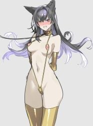 angry animal_ears areolae bound_wrists breasts cupless_bra elbow_gloves female female_only gold_bikini kemonomimi nippleless_clothes sling_bikini thighhighs ukimukai