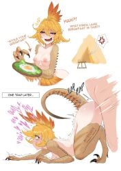 anger_vein arrow_(symbol) artist_name blonde_hair breasts dokibird_(vtuber) egg english_text feather_hair female green_eyes hair_between_eyes heart heterochromia highres indie_virtual_youtuber kulu-ya-ku monster_hunter_(series) myth1carts nipples open_mouth orange_feathers plap red_eyes sex spoken_anger_vein tail talons tent trembling virtual_youtuber