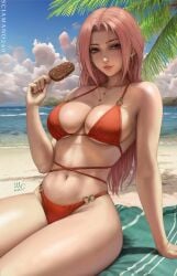 2022 beach beach_towel chloe_(sciamano240) cloud clouds detailed_background golden_earrings green_towel ice_cream long_hair looking_at_viewer mirco_cabbia oc original original_character palm_tree pink_eyes pink_hair red_bikini red_nail_polish red_nails sciamano240 sea seaside shore signature smile smiling smiling_at_viewer stripes
